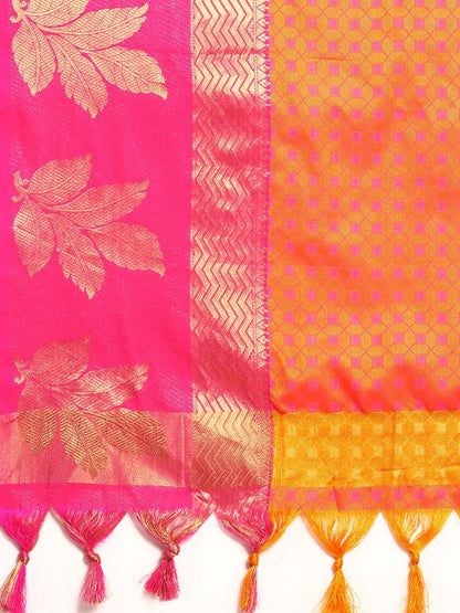 Golden Yellow Banarasi Silk Saree with Rani Pink Leaf Woven Border & Rich Zari Pallu