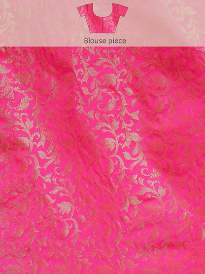 Golden Yellow Banarasi Silk Saree with Rani Pink Leaf Woven Border & Rich Zari Pallu