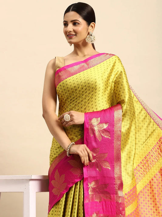 Lemon Yellow Banarasi Silk Saree with Rani Pink Leaf Woven Border & Rich Zari Pallu