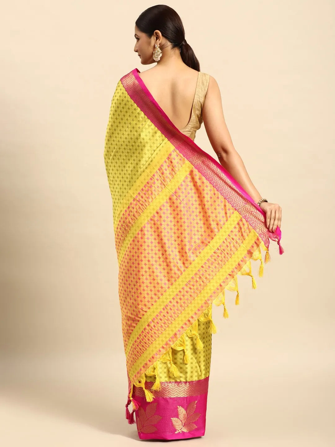 Lemon Yellow Banarasi Silk Saree with Rani Pink Leaf Woven Border & Rich Zari Pallu