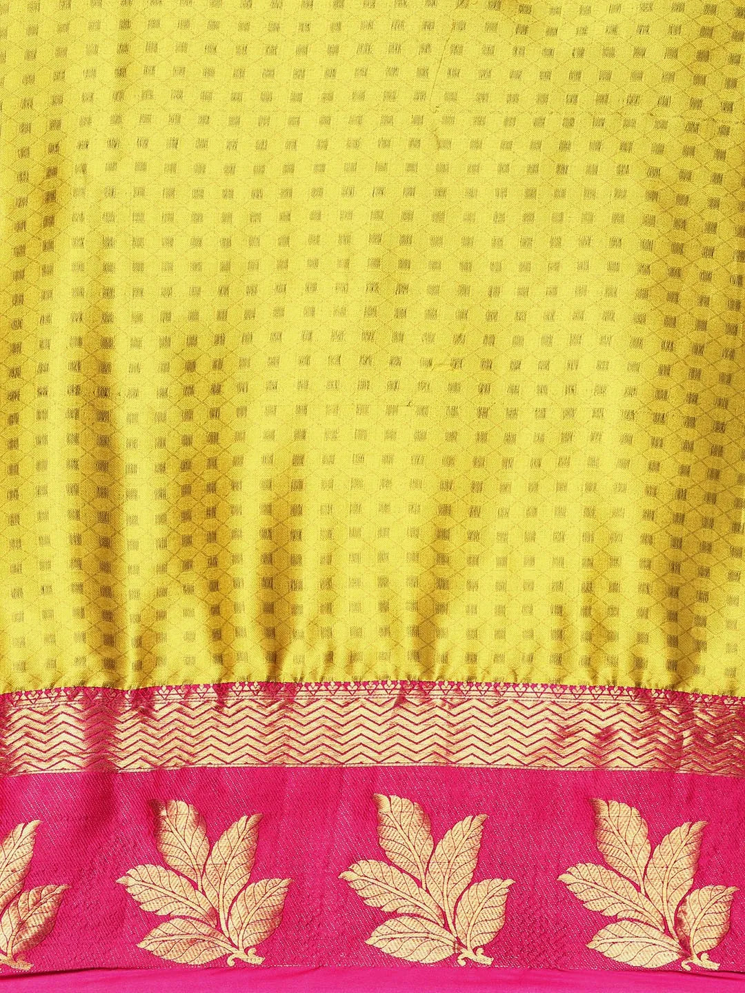 Lemon Yellow Banarasi Silk Saree with Rani Pink Leaf Woven Border & Rich Zari Pallu