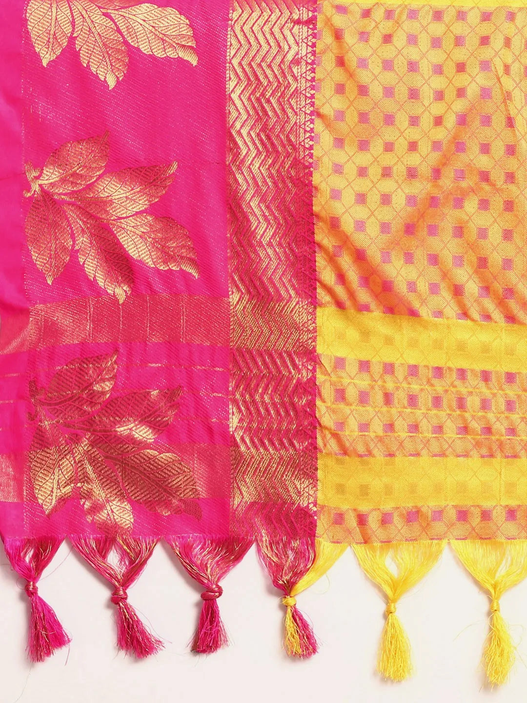 Lemon Yellow Banarasi Silk Saree with Rani Pink Leaf Woven Border & Rich Zari Pallu