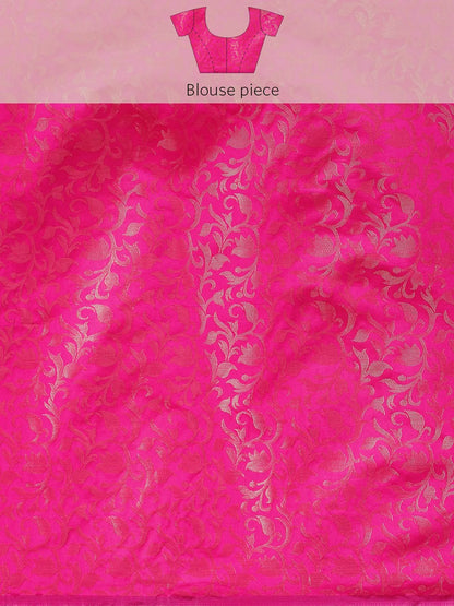 Lemon Yellow Banarasi Silk Saree with Rani Pink Leaf Woven Border & Rich Zari Pallu