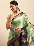 Mint Green Banarasi Silk Saree with Navy Blue Leaf Woven Border & Rich Zari Pallu