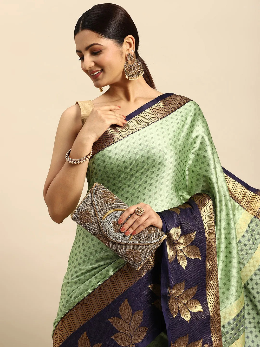 Mint Green Banarasi Silk Saree with Navy Blue Leaf Woven Border & Rich Zari Pallu
