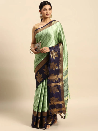Mint Green Banarasi Silk Saree with Navy Blue Leaf Woven Border & Rich Zari Pallu