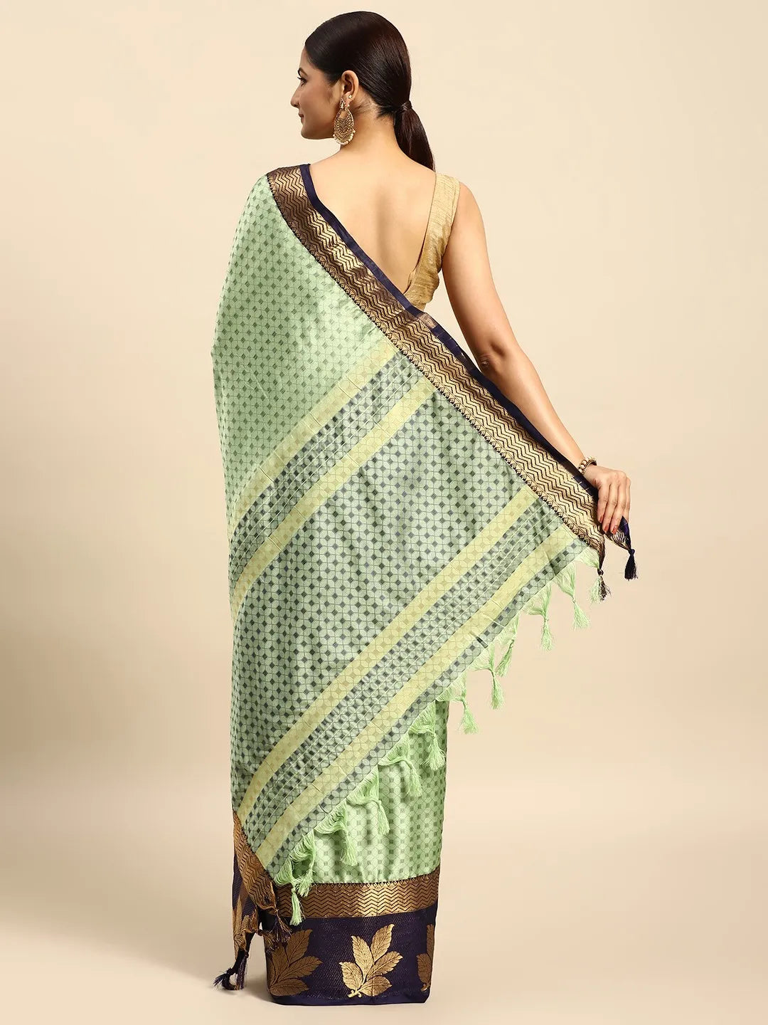 Mint Green Banarasi Silk Saree with Navy Blue Leaf Woven Border & Rich Zari Pallu