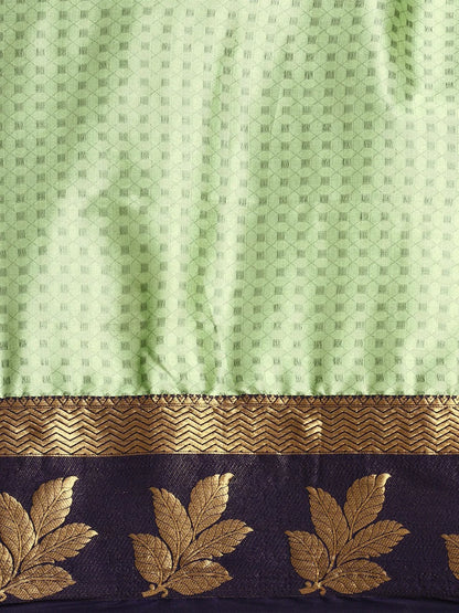 Mint Green Banarasi Silk Saree with Navy Blue Leaf Woven Border & Rich Zari Pallu