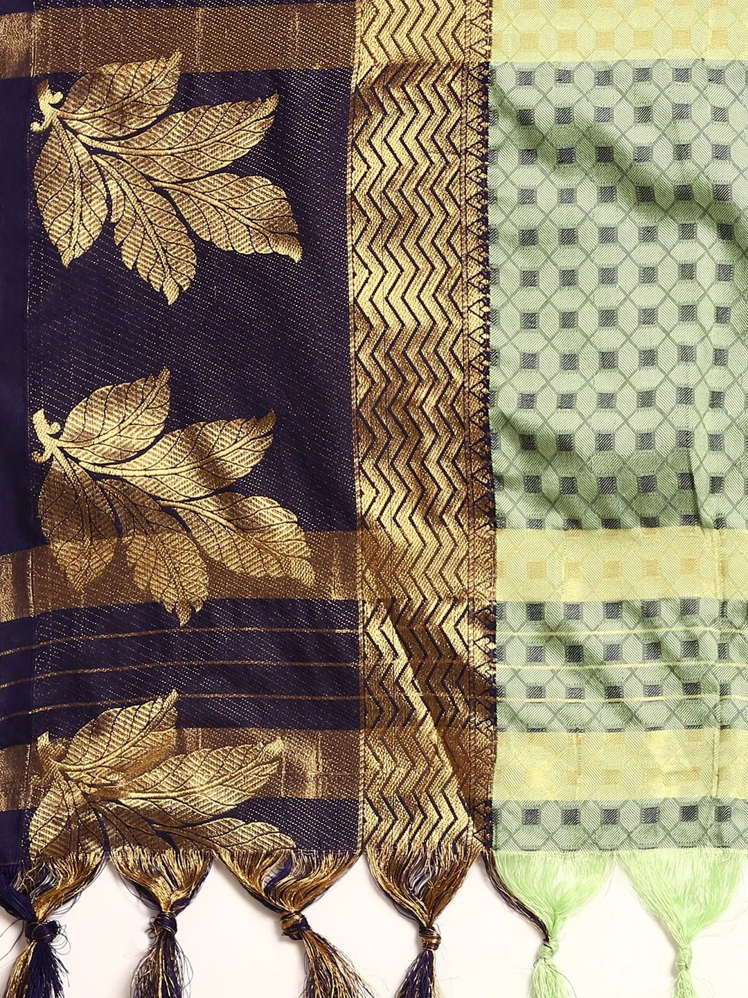 Mint Green Banarasi Silk Saree with Navy Blue Leaf Woven Border & Rich Zari Pallu