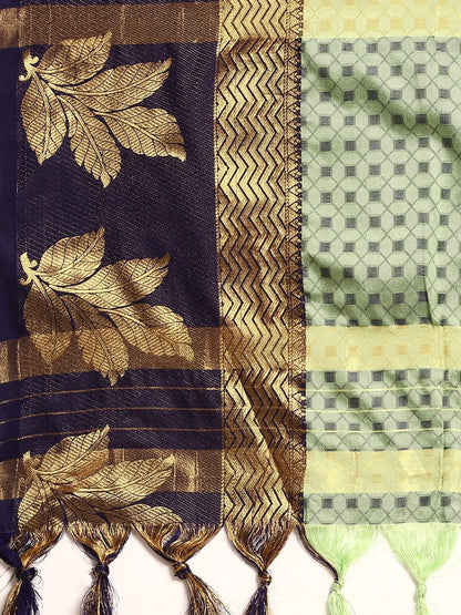 Mint Green Banarasi Silk Saree with Navy Blue Leaf Woven Border & Rich Zari Pallu