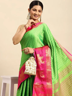 Parrot Green Banarasi Silk Saree with Rani Pink Zari Border & Rich Woven Pallu