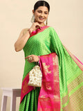 Parrot Green Banarasi Silk Saree with Rani Pink Zari Border & Rich Woven Pallu