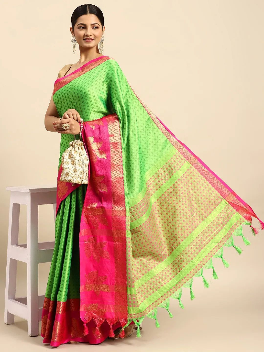 Parrot Green Banarasi Silk Saree with Rani Pink Zari Border & Rich Woven Pallu