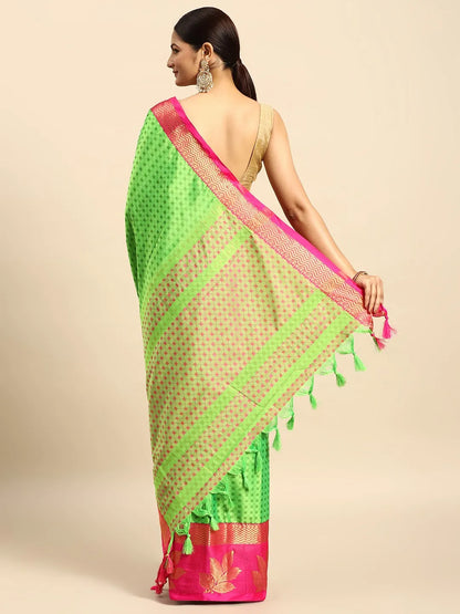 Parrot Green Banarasi Silk Saree with Rani Pink Zari Border & Rich Woven Pallu