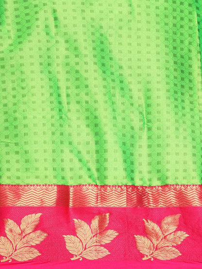 Parrot Green Banarasi Silk Saree with Rani Pink Zari Border & Rich Woven Pallu
