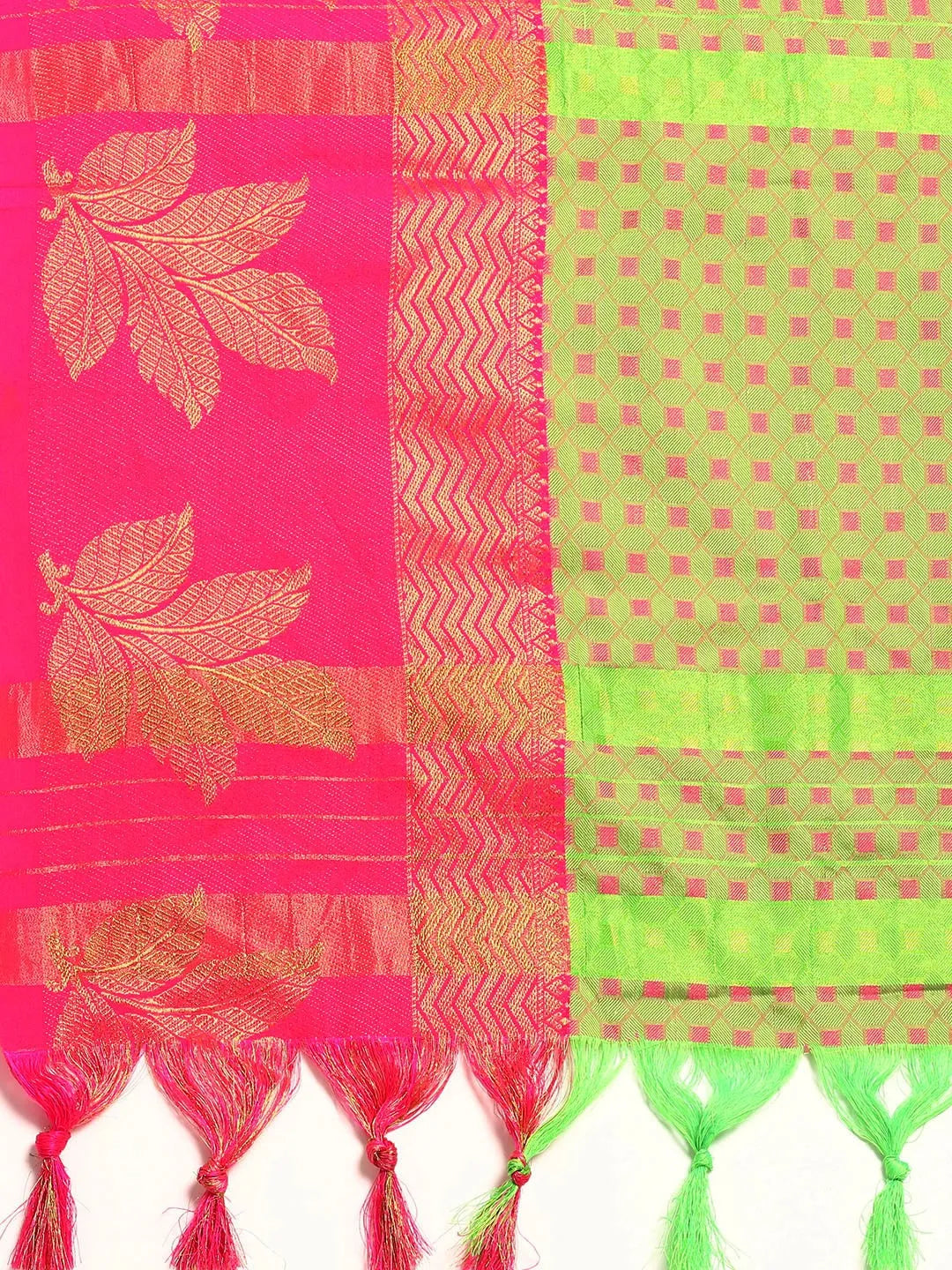 Parrot Green Banarasi Silk Saree with Rani Pink Zari Border & Rich Woven Pallu