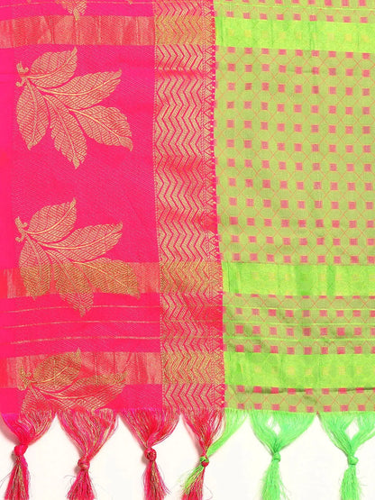 Parrot Green Banarasi Silk Saree with Rani Pink Zari Border & Rich Woven Pallu