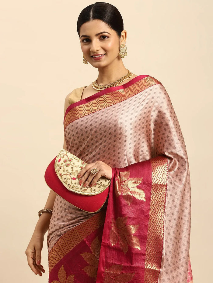 Peach Pink Banarasi Silk Saree with Deep Rani Pink Zari Border & Rich Woven Pallu
