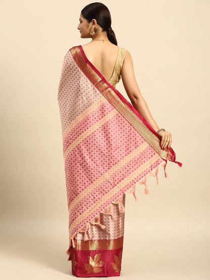 Peach Pink Banarasi Silk Saree with Deep Rani Pink Zari Border & Rich Woven Pallu