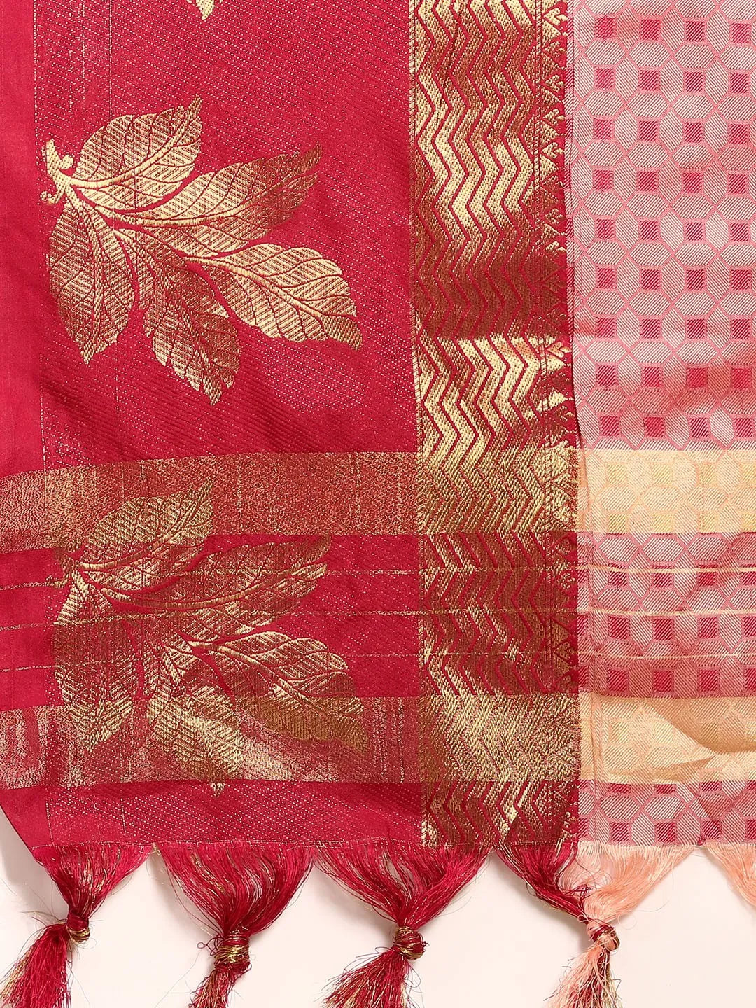 Peach Pink Banarasi Silk Saree with Deep Rani Pink Zari Border & Rich Woven Pallu