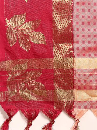 Peach Pink Banarasi Silk Saree with Deep Rani Pink Zari Border & Rich Woven Pallu