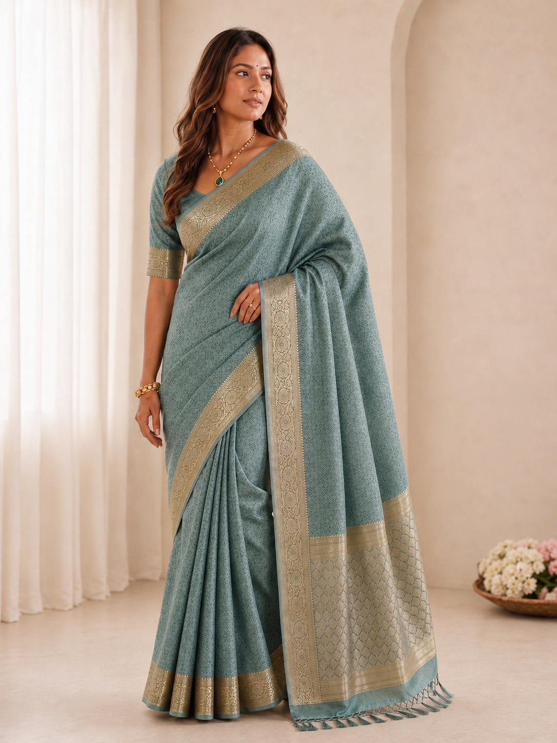Premium Dusty Aqua Blue Gold Zari Woven Banarasi Saree with Rich Pallu & Tassels | Wedding & Festive Wear