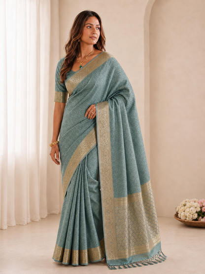 Premium Dusty Aqua Blue Gold Zari Woven Banarasi Saree with Rich Pallu & Tassels | Wedding & Festive Wear