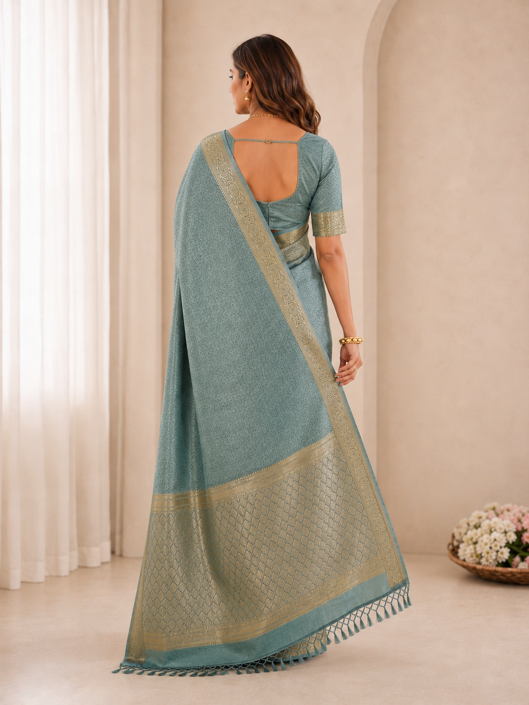 Premium Dusty Aqua Blue Gold Zari Woven Banarasi Saree with Rich Pallu & Tassels | Wedding & Festive Wear