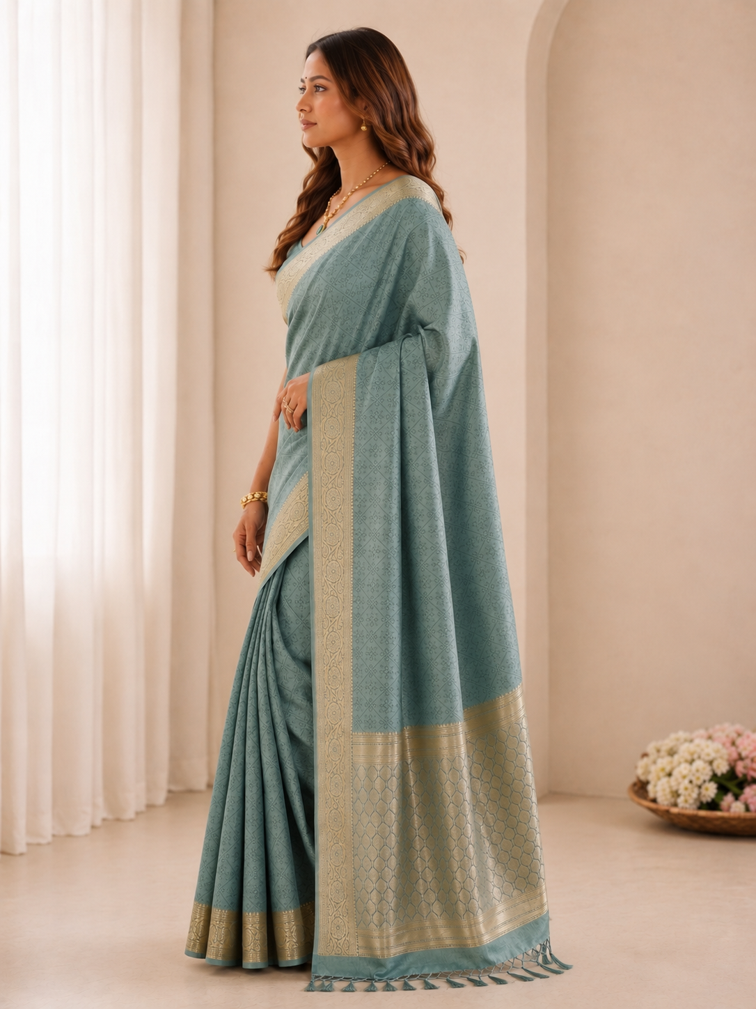 Premium Dusty Aqua Blue Gold Zari Woven Banarasi Saree with Rich Pallu & Tassels | Wedding & Festive Wear