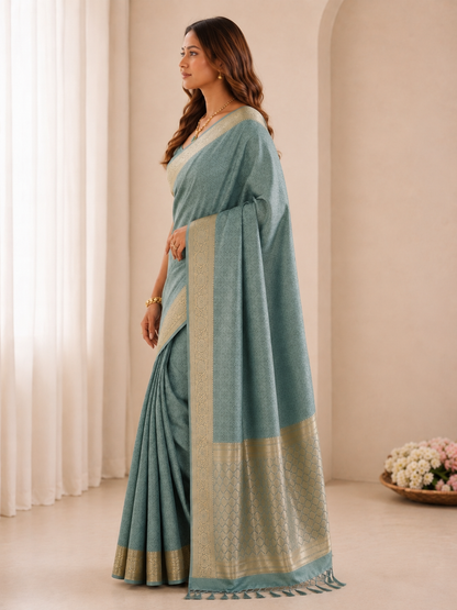 Premium Dusty Aqua Blue Gold Zari Woven Banarasi Saree with Rich Pallu & Tassels | Wedding & Festive Wear