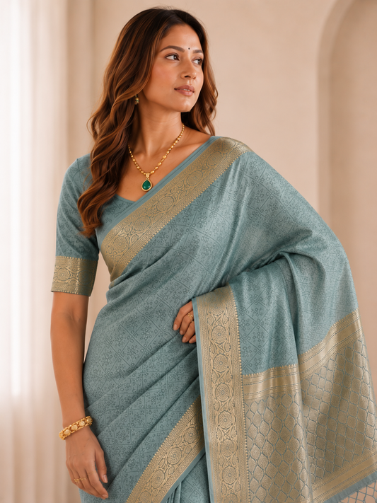 Premium Dusty Aqua Blue Gold Zari Woven Banarasi Saree with Rich Pallu & Tassels | Wedding & Festive Wear