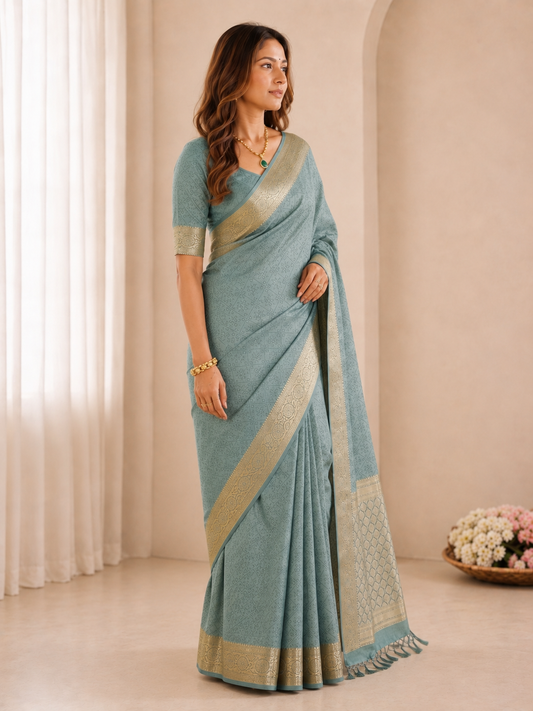 Premium Dusty Aqua Blue Gold Zari Woven Banarasi Saree with Rich Pallu & Tassels | Wedding & Festive Wear