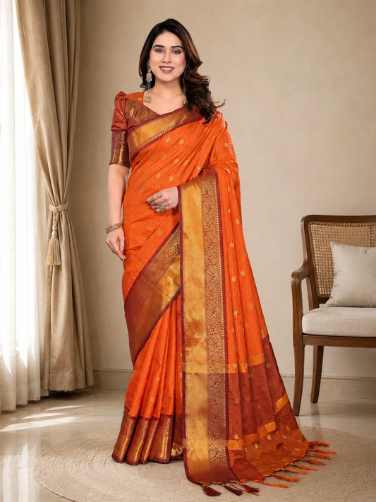 Radiant Sunset Orange Kanjivaram Silk Saree with Traditional Kattam Weave & Gold Zari Border
