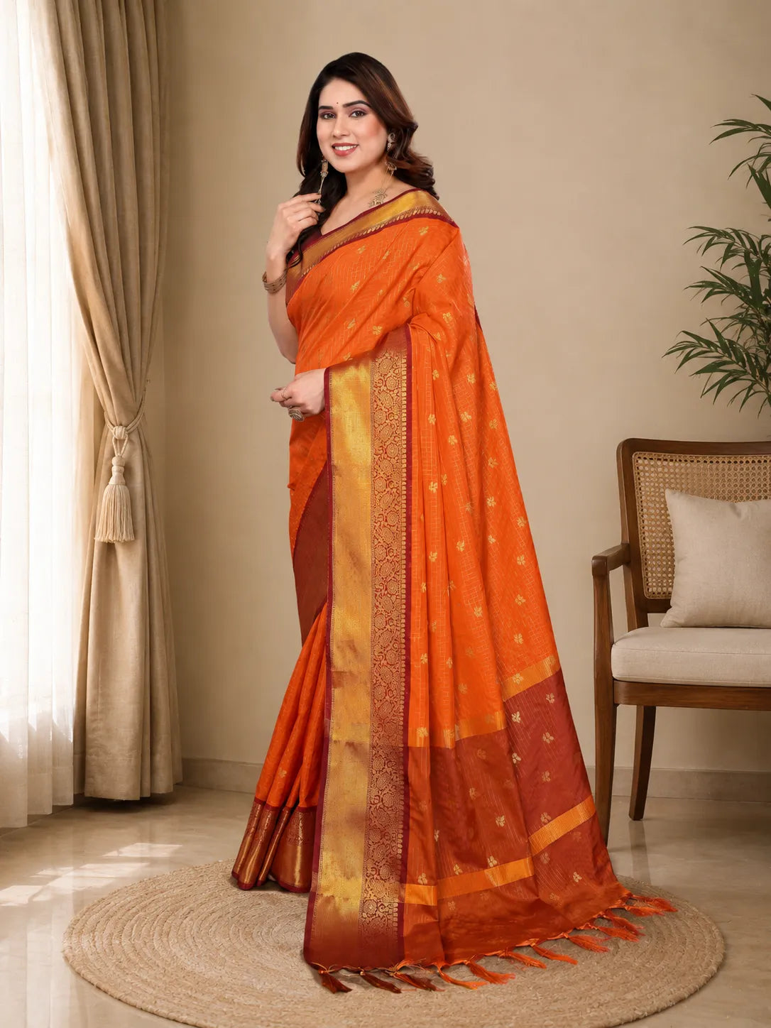 Radiant Sunset Orange Kanjivaram Silk Saree with Traditional Kattam Weave & Gold Zari Border