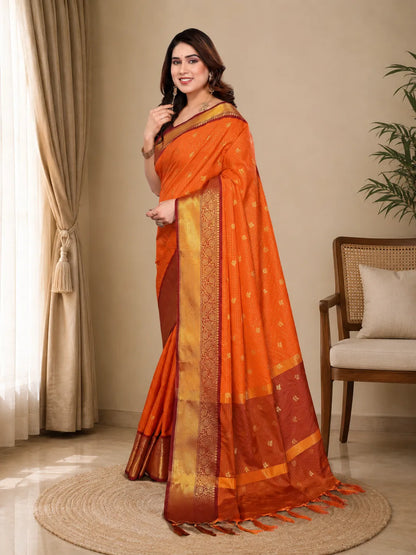 Radiant Sunset Orange Kanjivaram Silk Saree with Traditional Kattam Weave & Gold Zari Border