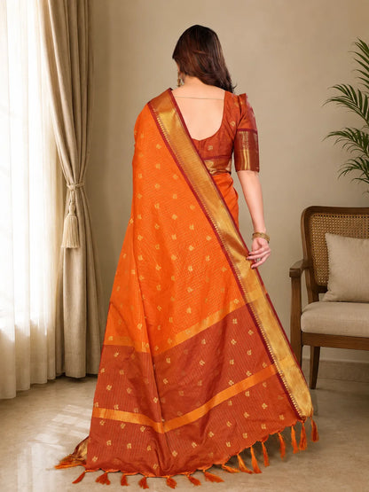 Radiant Sunset Orange Kanjivaram Silk Saree with Traditional Kattam Weave & Gold Zari Border