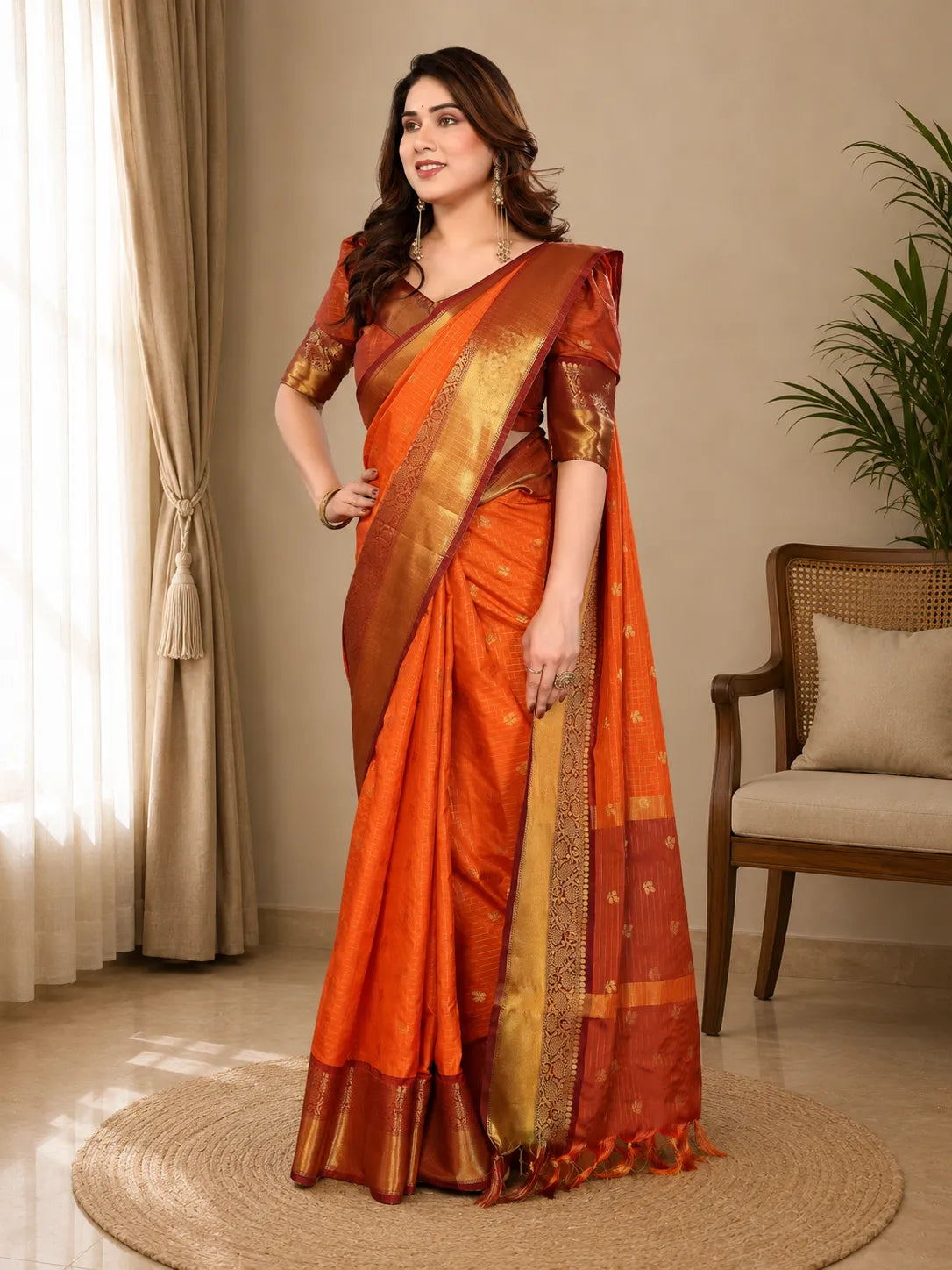 Radiant Sunset Orange Kanjivaram Silk Saree with Traditional Kattam Weave & Gold Zari Border