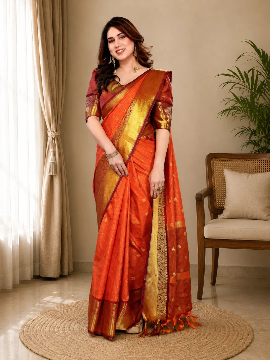 Radiant Sunset Orange Kanjivaram Silk Saree with Traditional Kattam Weave & Gold Zari Border