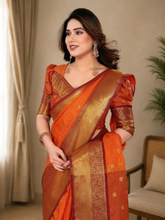 Radiant Sunset Orange Kanjivaram Silk Saree with Traditional Kattam Weave & Gold Zari Border