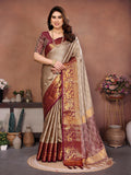 Chiku Beige Banarasi Silk Saree with Maroon Zari Border & Heritage Pallu