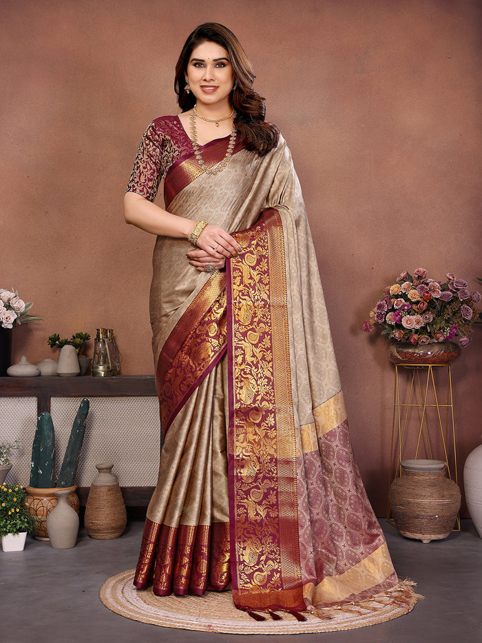 Chiku Beige Banarasi Silk Saree with Maroon Zari Border & Heritage Pallu