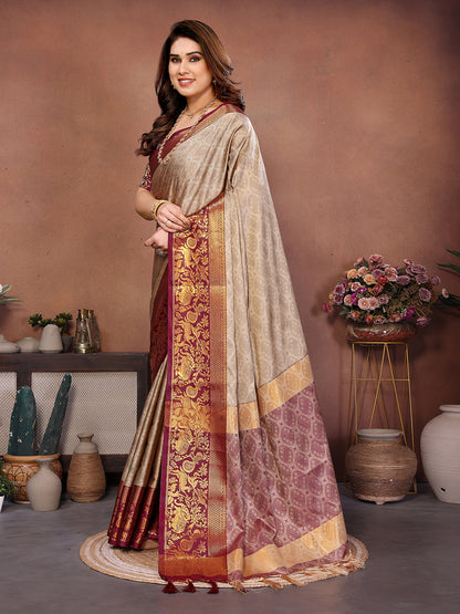 Chiku Beige Banarasi Silk Saree with Maroon Zari Border & Heritage Pallu