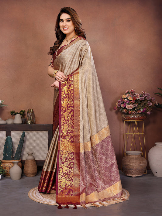 Chiku Beige Banarasi Silk Saree with Maroon Zari Border & Heritage Pallu