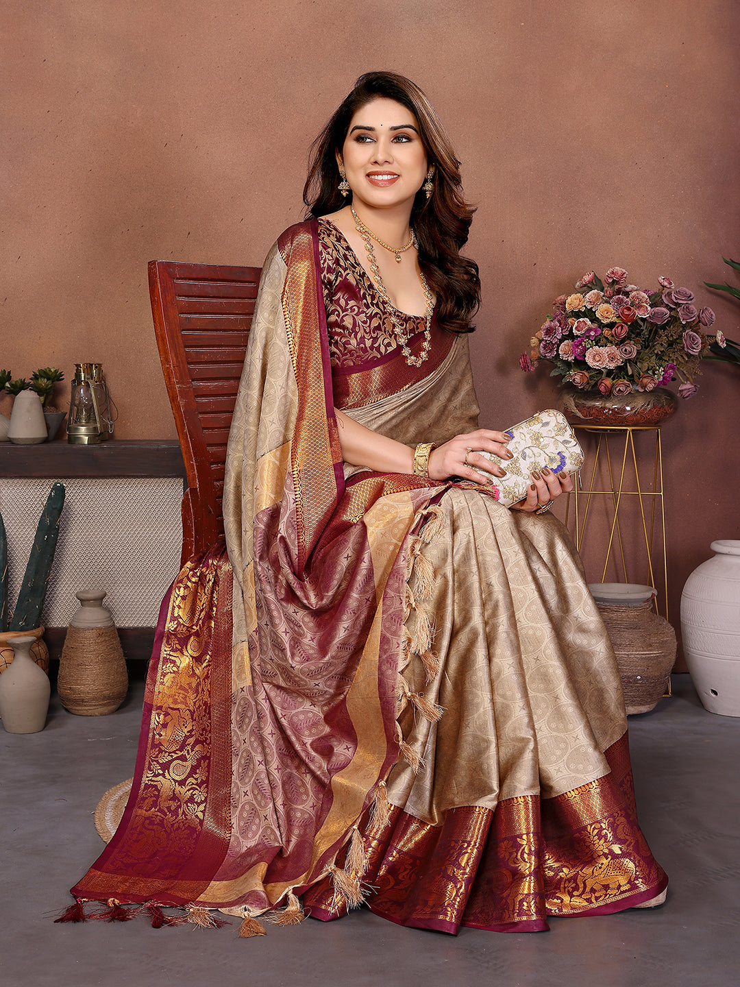 Chiku Beige Banarasi Silk Saree with Maroon Zari Border & Heritage Pallu