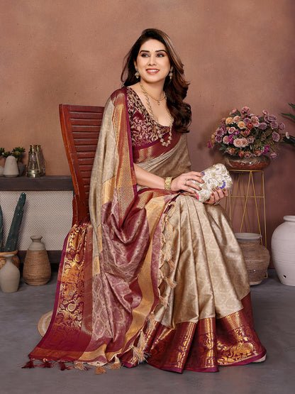 Chiku Beige Banarasi Silk Saree with Maroon Zari Border & Heritage Pallu
