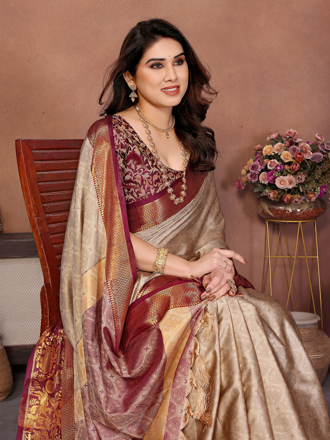 Chiku Beige Banarasi Silk Saree with Maroon Zari Border & Heritage Pallu