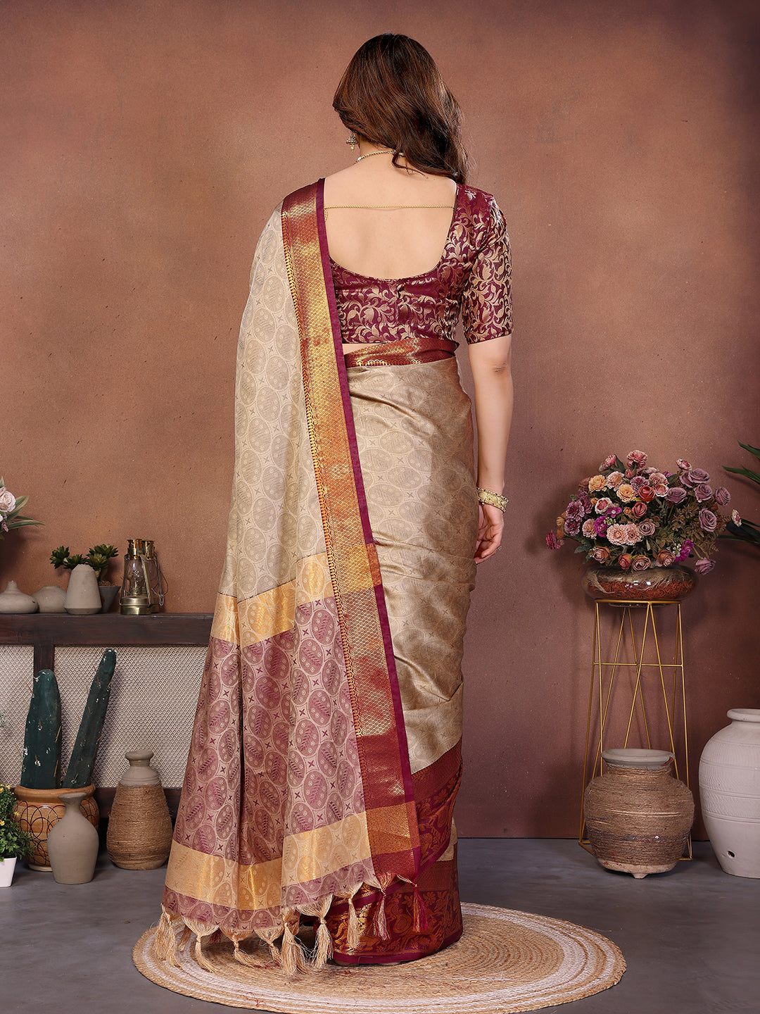 Chiku Beige Banarasi Silk Saree with Maroon Zari Border & Heritage Pallu