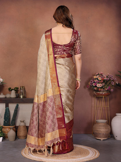 Chiku Beige Banarasi Silk Saree with Maroon Zari Border & Heritage Pallu