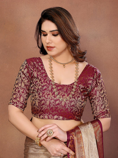 Chiku Beige Banarasi Silk Saree with Maroon Zari Border & Heritage Pallu