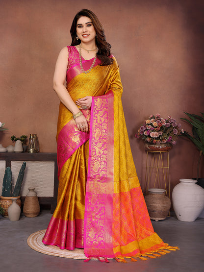 Golden Mustard Banarasi Silk Saree with Rani Pink Zari Border & Heritage Pallu